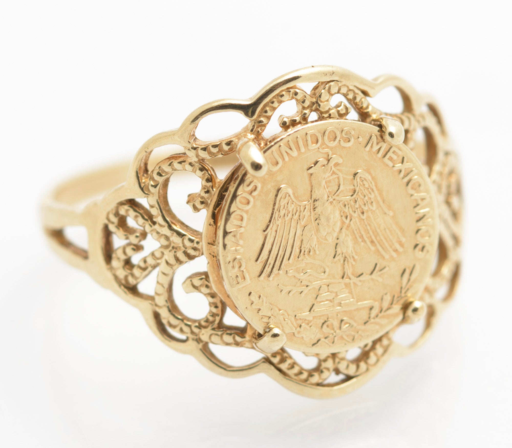 Vintage 9ct Gold Filigree Mount Ring With Mexican Gold Eagle Coin c.1980's (C2692)