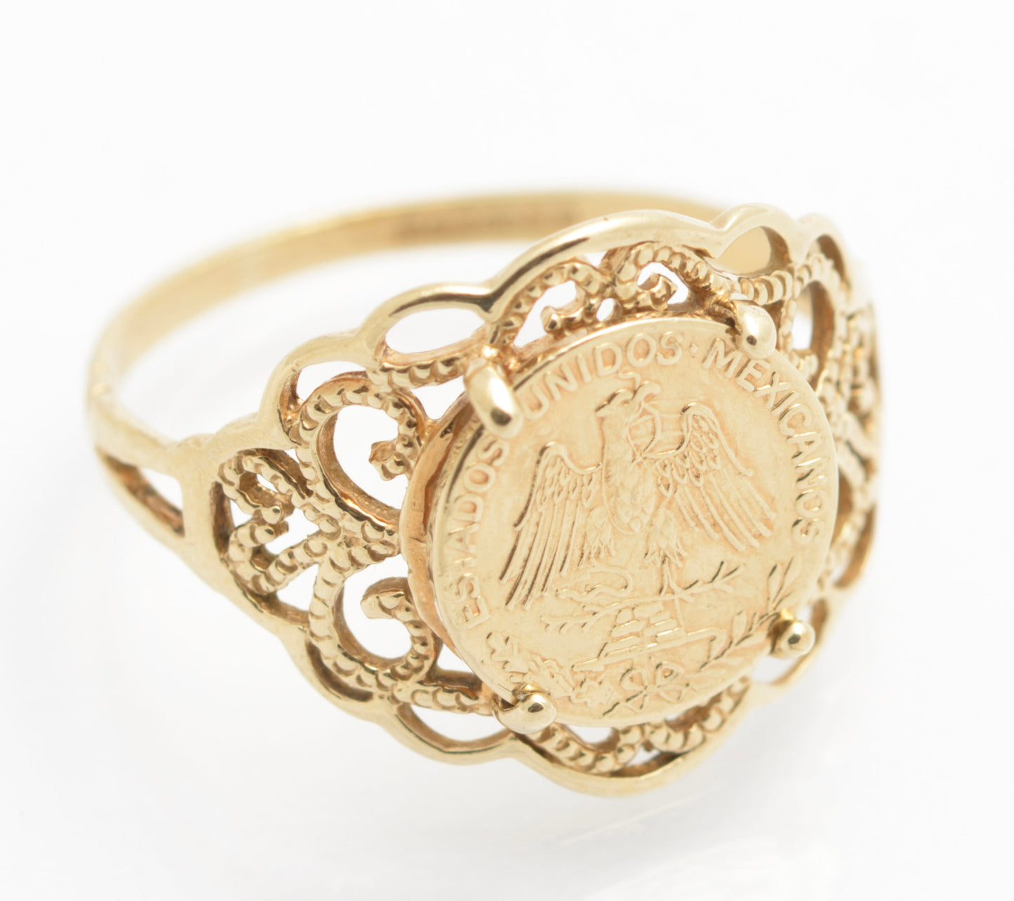 Vintage 9ct Gold Filigree Mount Ring With Mexican Gold Eagle Coin c.1980's (C2692)