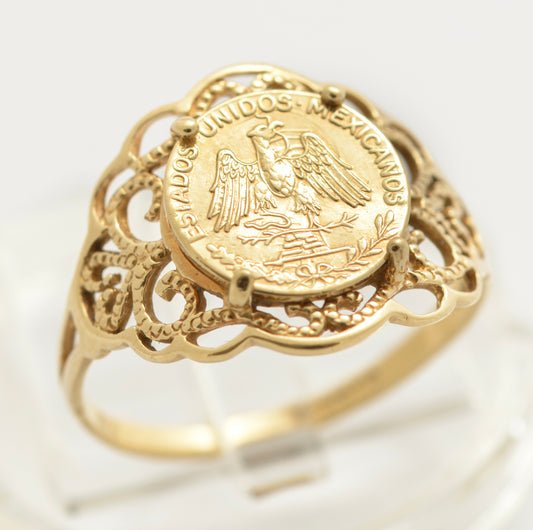 Vintage 9ct Gold Filigree Mount Ring With Mexican Gold Eagle Coin c.1980's (C2692)