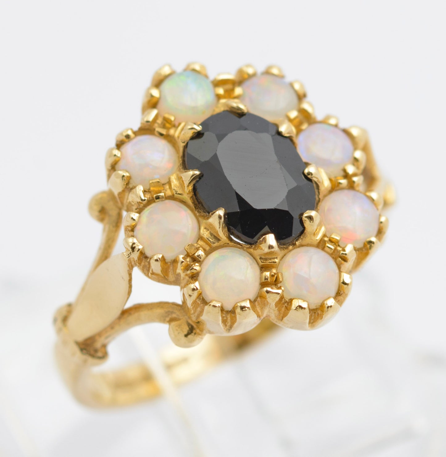 Vintage 14ct Gold Ring With Natural Midnight Blue Sapphire & Opal Halo Size J (C2693)