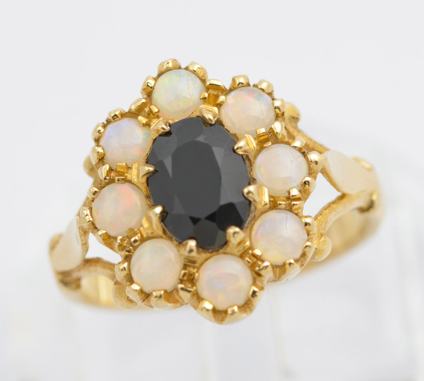 Vintage 14ct Gold Ring With Natural Midnight Blue Sapphire & Opal Halo Size J (C2693)
