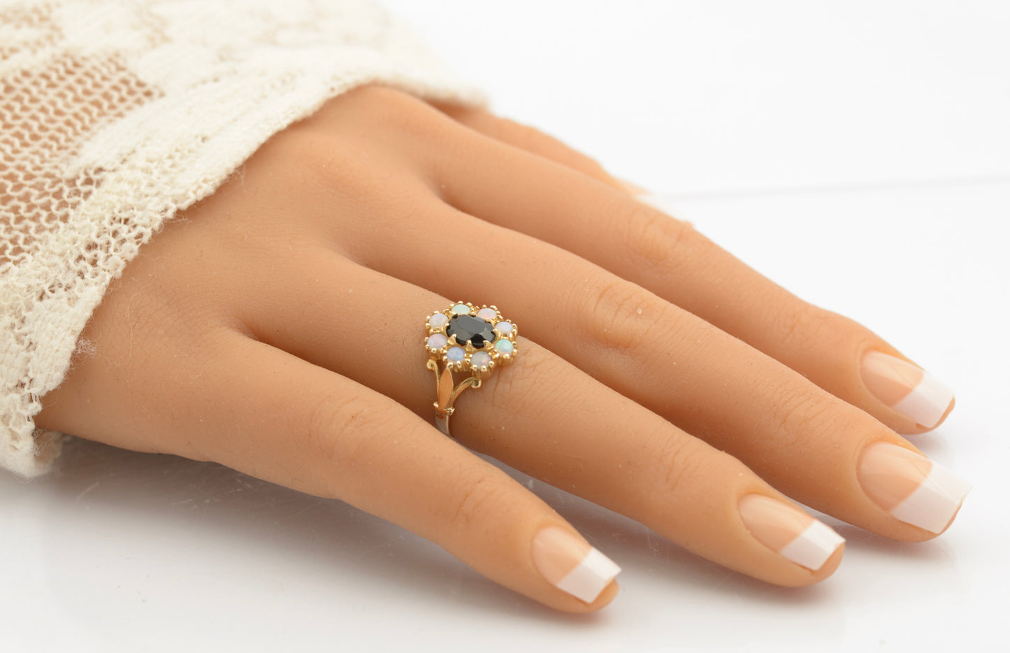 Vintage 14ct Gold Ring With Natural Midnight Blue Sapphire & Opal Halo Size J (C2693)