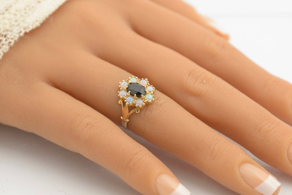Vintage 14ct Gold Sapphire & Opal Halo Cluster Ring - Split Shoulders - UK Size J - C2693