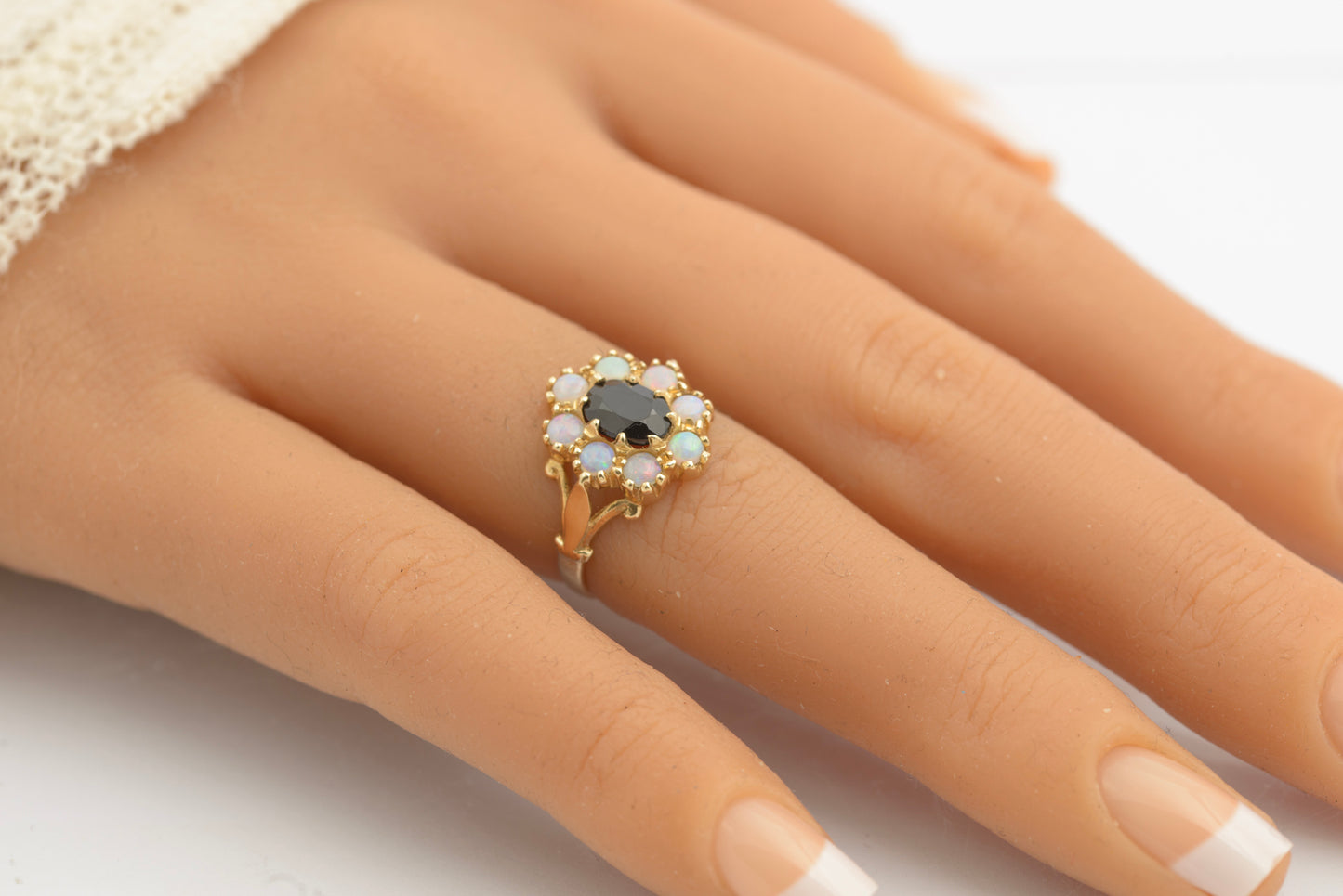 Vintage 14ct Gold Ring With Natural Midnight Blue Sapphire & Opal Halo Size J (C2693)