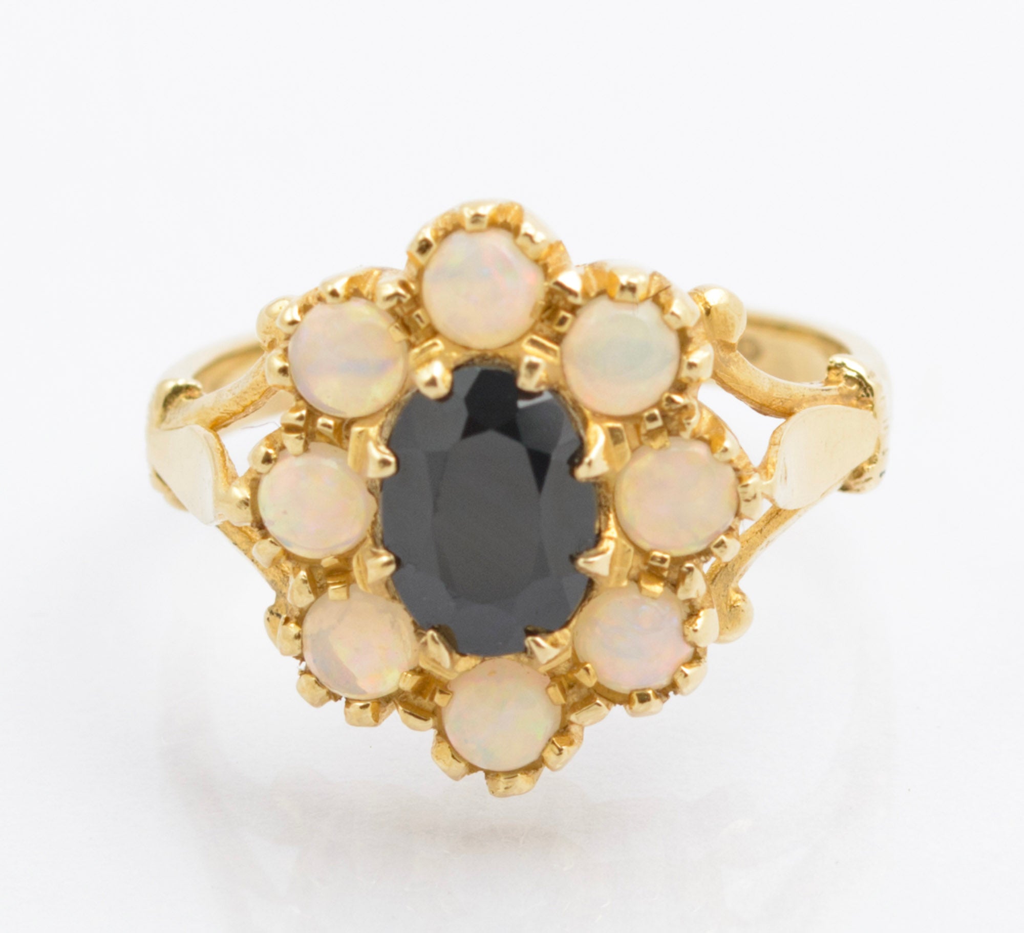 Vintage 14ct Gold Ring With Natural Midnight Blue Sapphire & Opal Halo Size J (C2693)