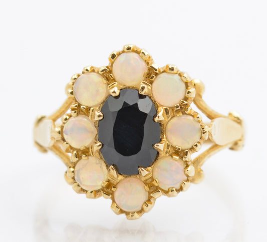 Vintage 14ct Gold Ring With Natural Midnight Blue Sapphire & Opal Halo Size J (C2693)