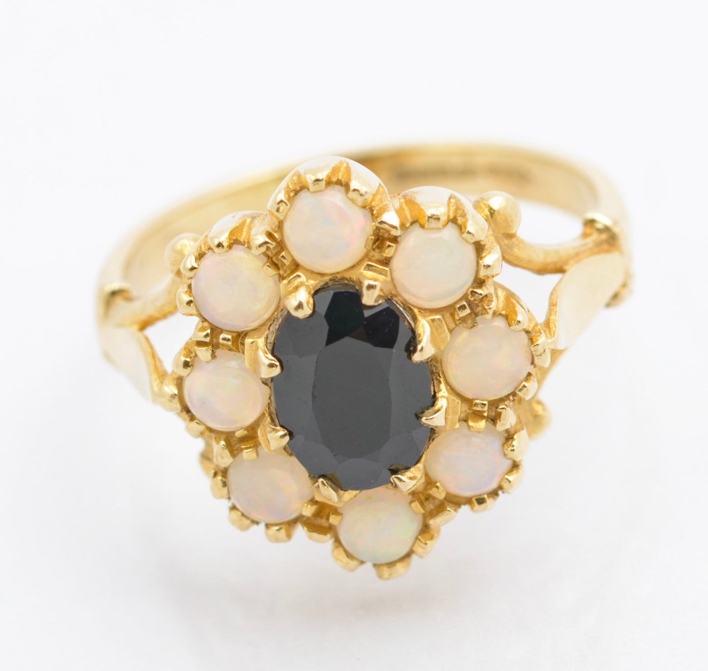 Vintage 14ct Gold Ring With Natural Midnight Blue Sapphire & Opal Halo Size J (C2693)