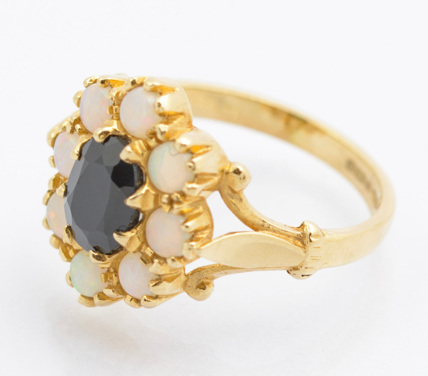 Vintage 14ct Gold Ring With Natural Midnight Blue Sapphire & Opal Halo Size J (C2693)