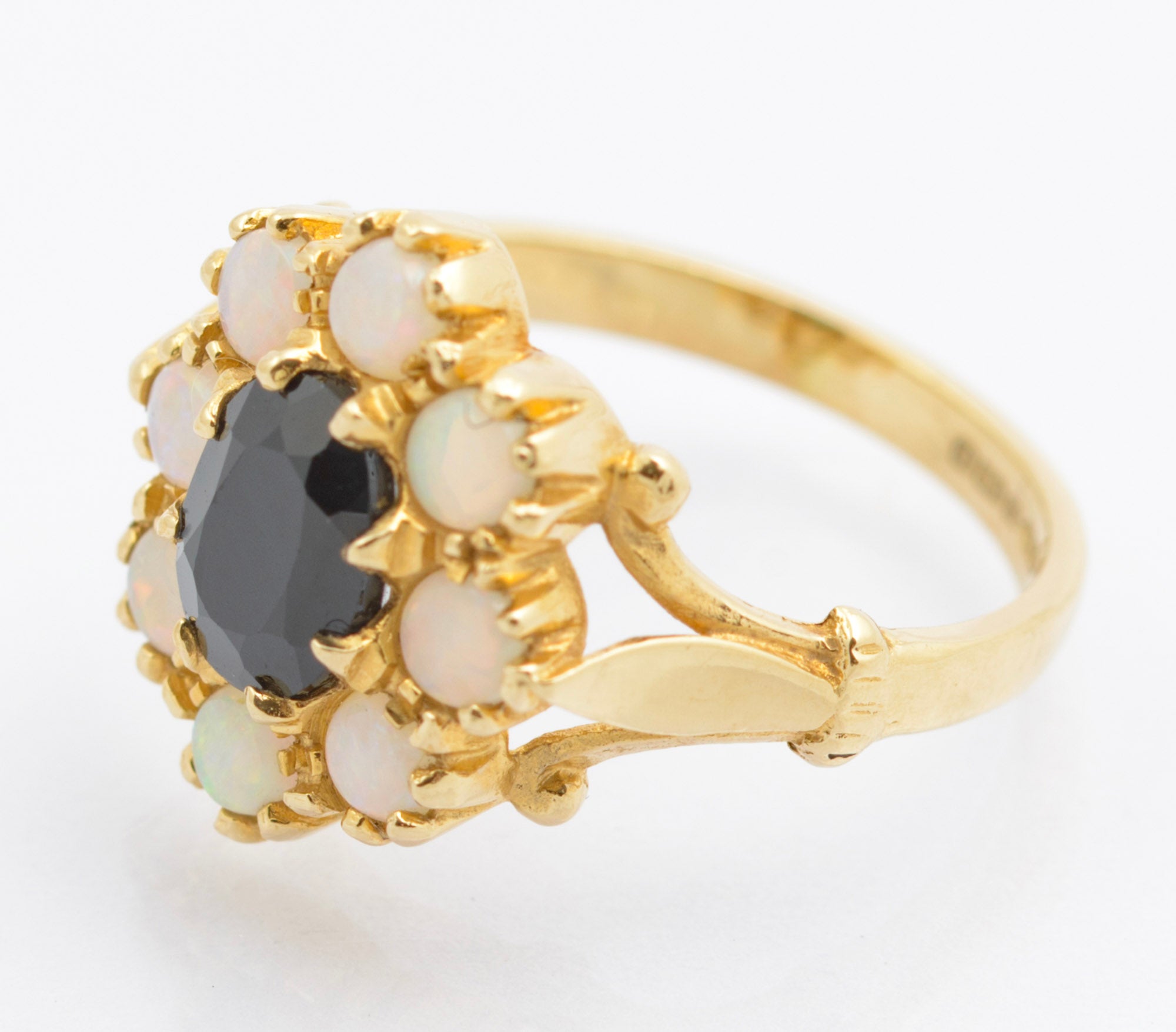 Vintage 14ct Gold Ring With Natural Midnight Blue Sapphire & Opal Halo Size J (C2693)