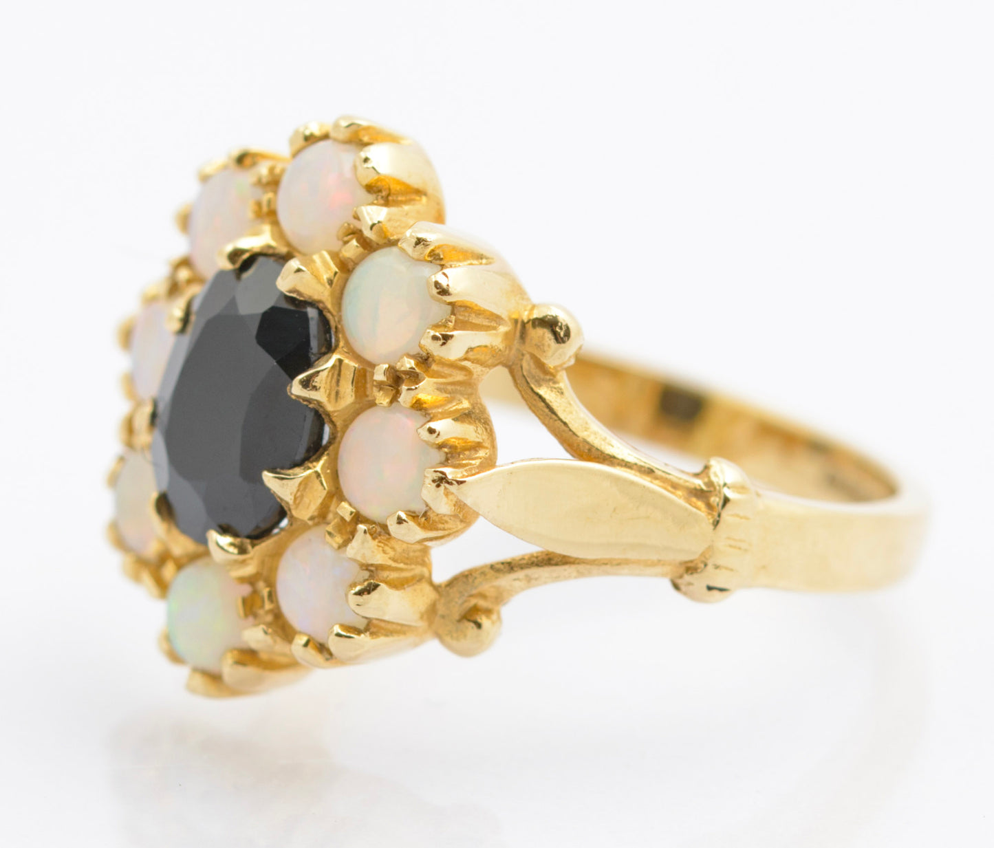 Vintage 14ct Gold Ring With Natural Midnight Blue Sapphire & Opal Halo Size J (C2693)