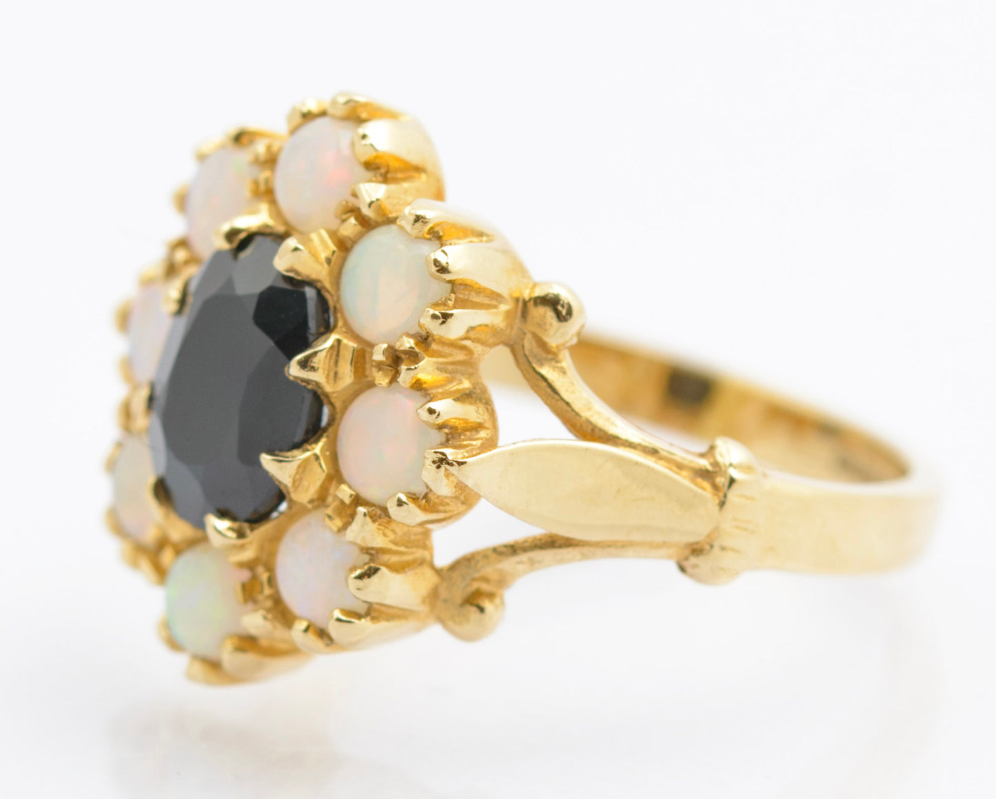 Vintage 14ct Gold Ring With Natural Midnight Blue Sapphire & Opal Halo Size J (C2693)