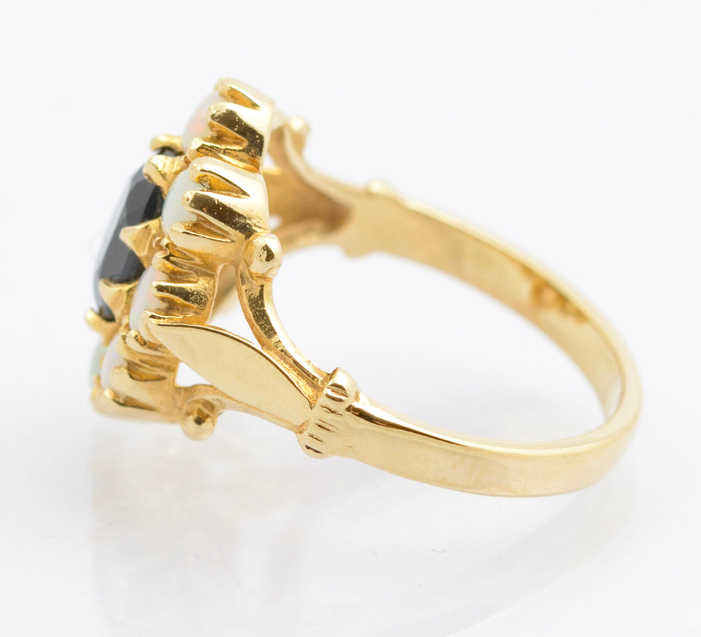 Vintage 14ct Gold Sapphire & Opal Halo Cluster Ring - Split Shoulders - UK Size J - C2693