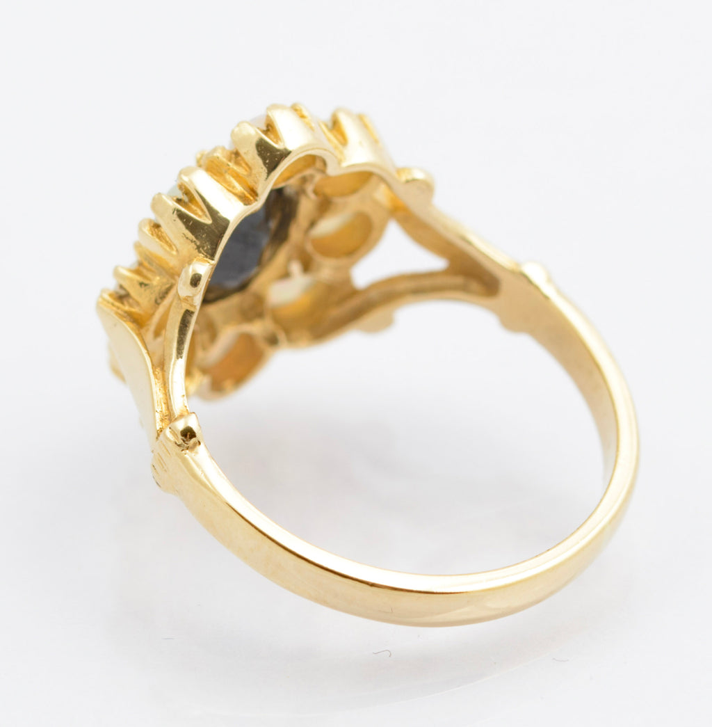 Vintage 14ct Gold Sapphire & Opal Halo Cluster Ring - Split Shoulders - UK Size J - C2693