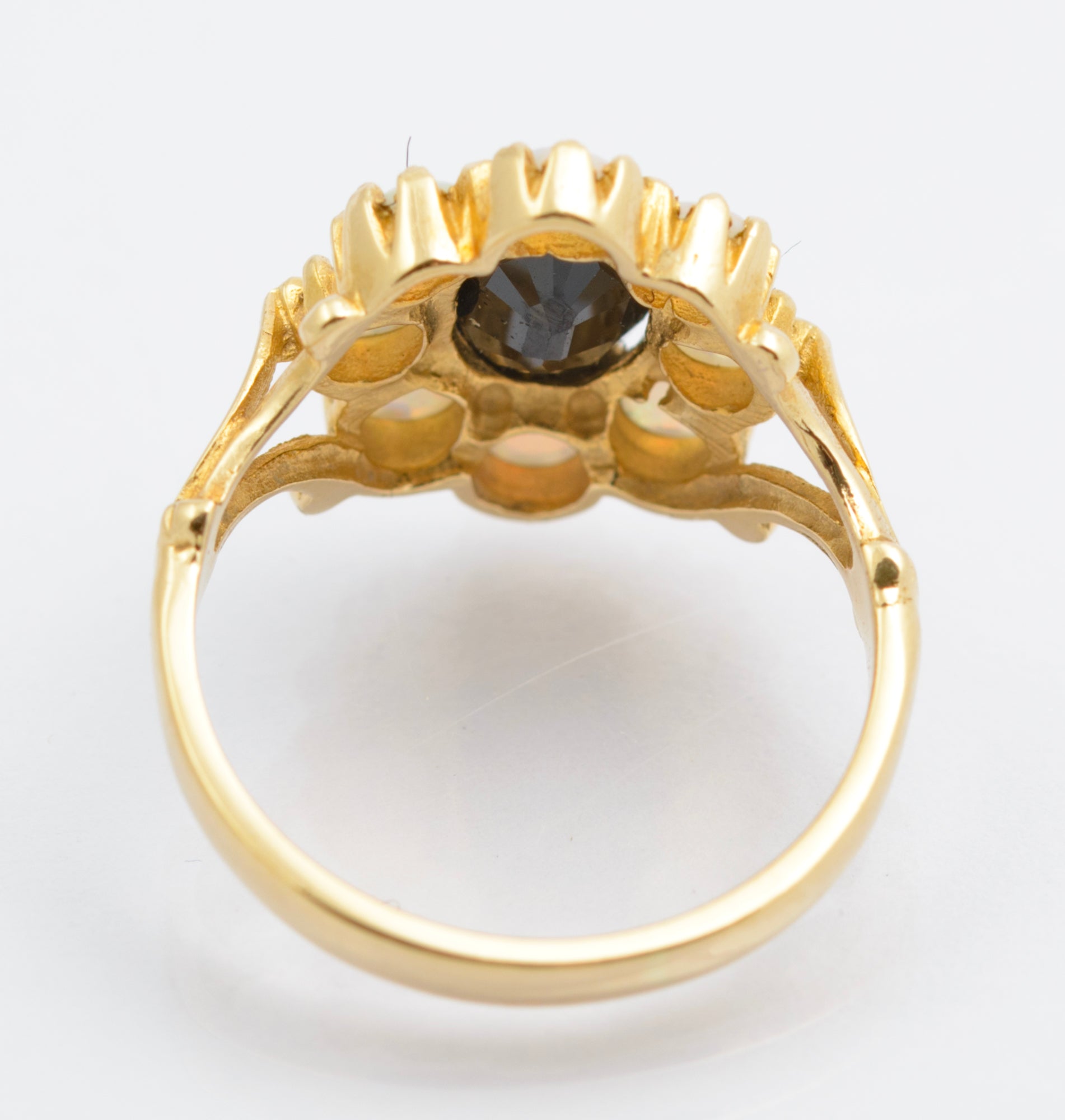 Vintage 14ct Gold Sapphire & Opal Halo Cluster Ring - Split Shoulders - UK Size J - C2693