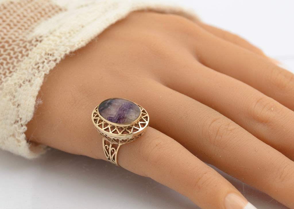 Vintage 9ct Gold Dress Ring - Large Natural Blue John Cabochon - UK Size K - C2695