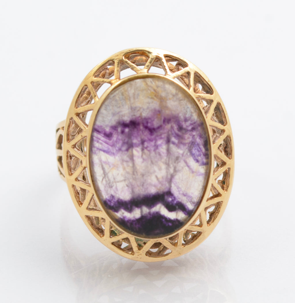 Vintage 9ct Gold Dress Ring - Large Natural Blue John Cabochon - UK Size K - C2695