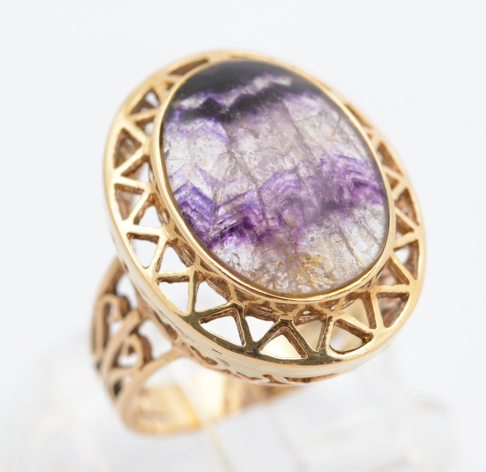 Vintage 9ct Gold Dress Ring With Large Natural Blue John Cabochon Size K (C2695)