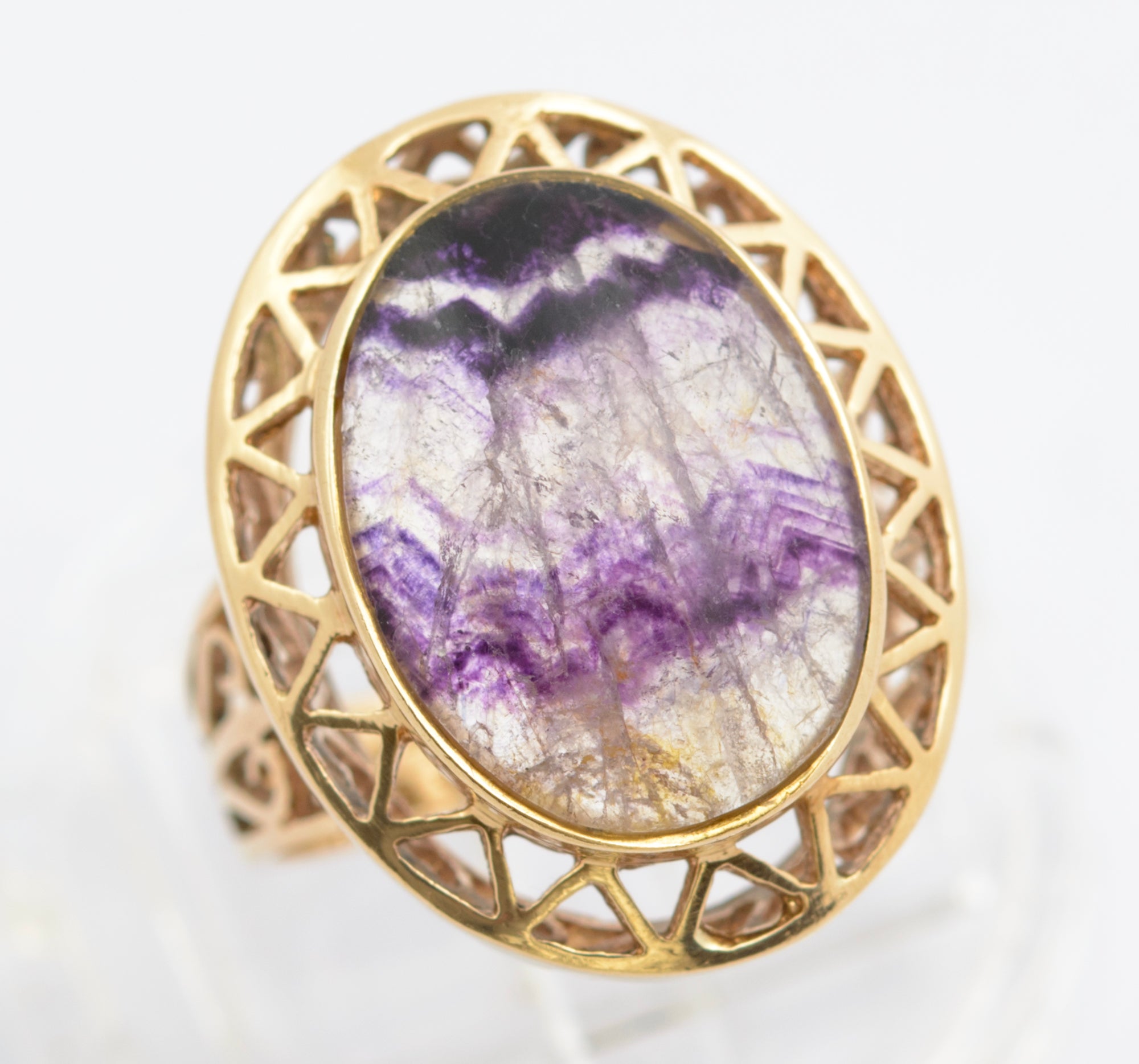Vintage 9ct Gold Dress Ring - Large Natural Blue John Cabochon - UK Size K - C2695