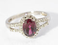 Vintage 9ct White Gold Split Shoulder Ring With Garnet Gemstone & Diamond Halo (C2696)