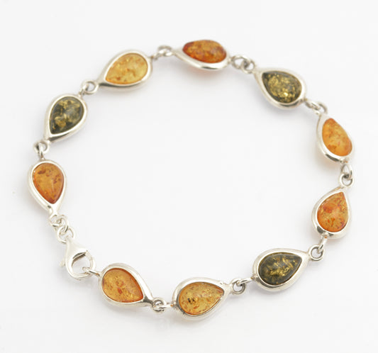 Vintage Sterling Silver & Baltic Amber Bracelet Teardrop Links Tri Colour (C2698)