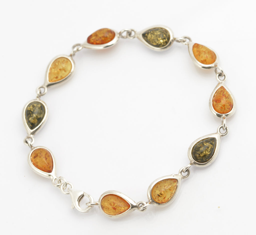 Vintage Sterling Silver & Baltic Amber Bracelet Teardrop Links Tri Colour (C2698)