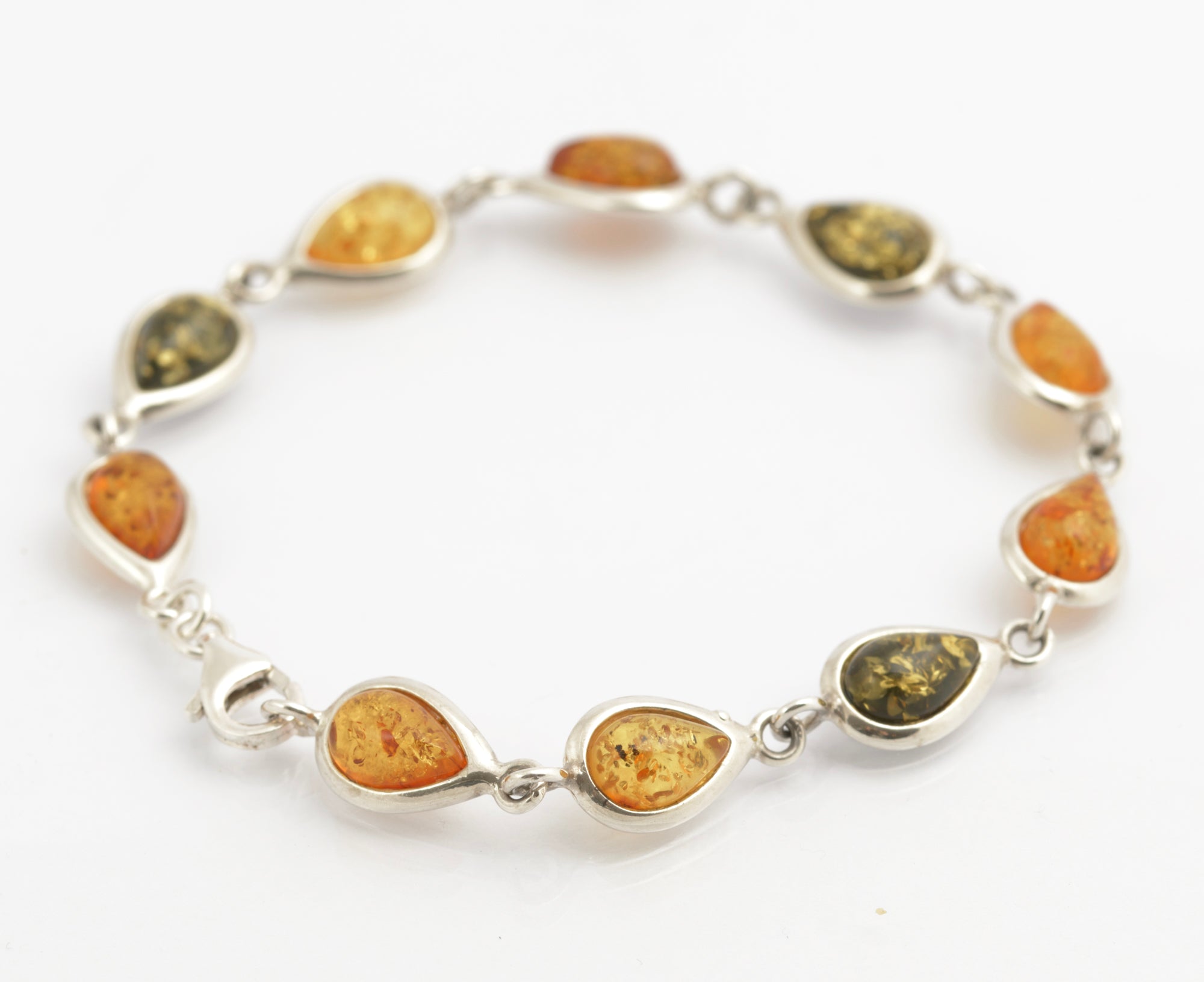 Vintage Sterling Silver & Baltic Amber Bracelet Teardrop Links Tri Colour (C2698)