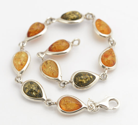 Vintage Sterling Silver & Baltic Amber Bracelet Teardrop Links Tri Colour (C2698)