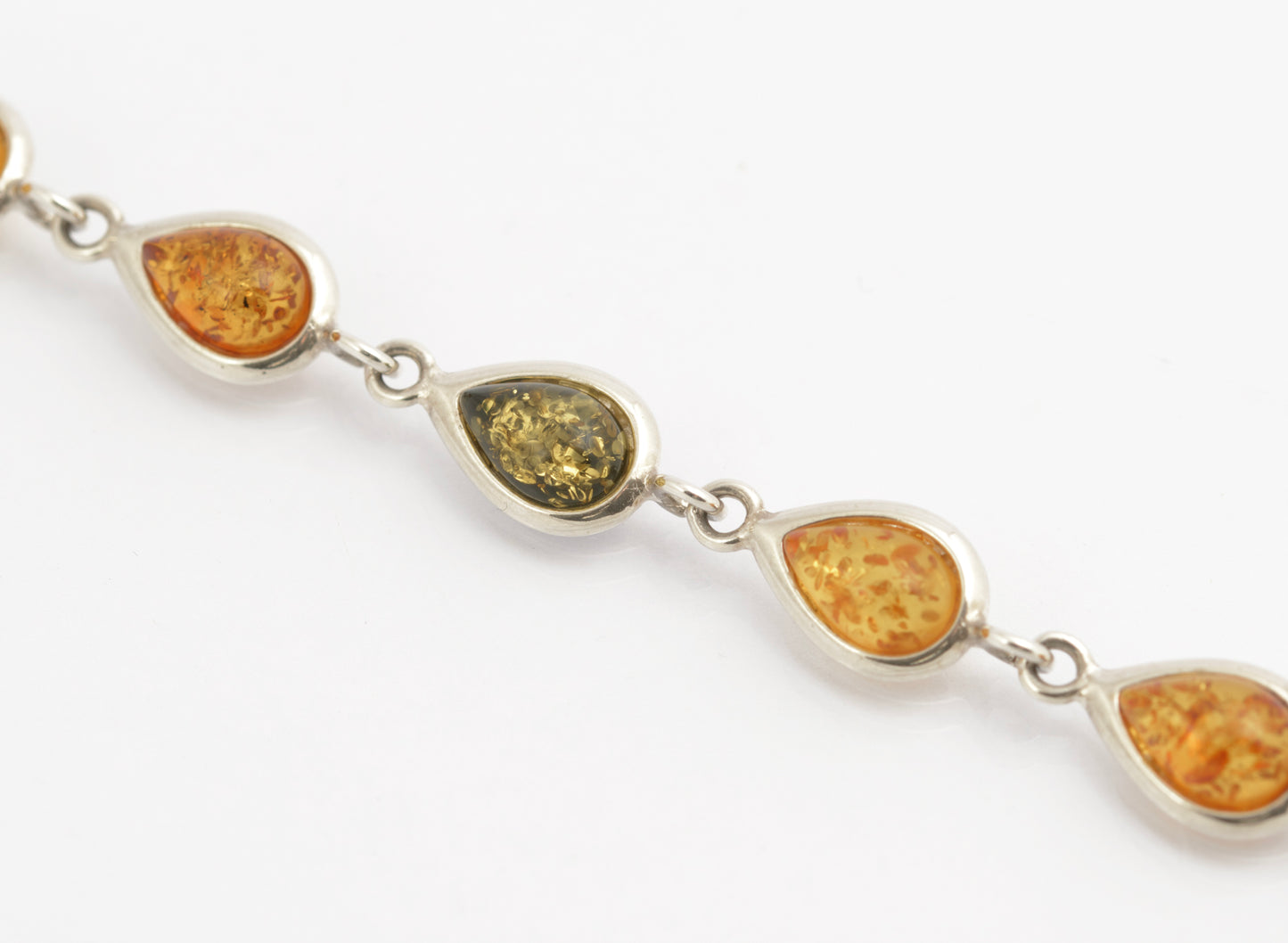 Vintage Sterling Silver & Baltic Amber Bracelet Teardrop Links Tri Colour (C2698)