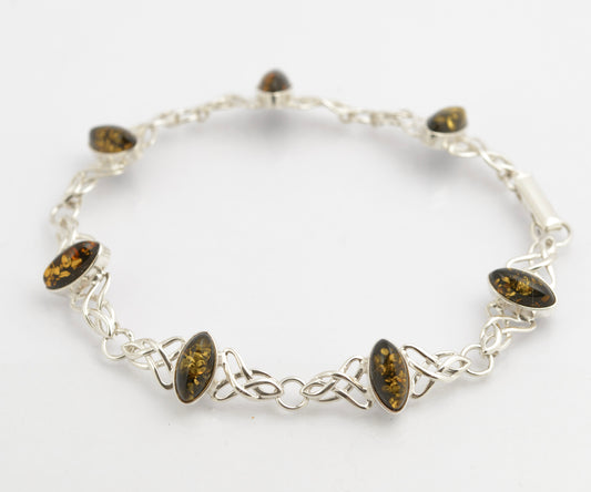 Vintage Sterling Silver & Olive Baltic Amber Cabochon Bracelet - Celtic Knot (C2699)