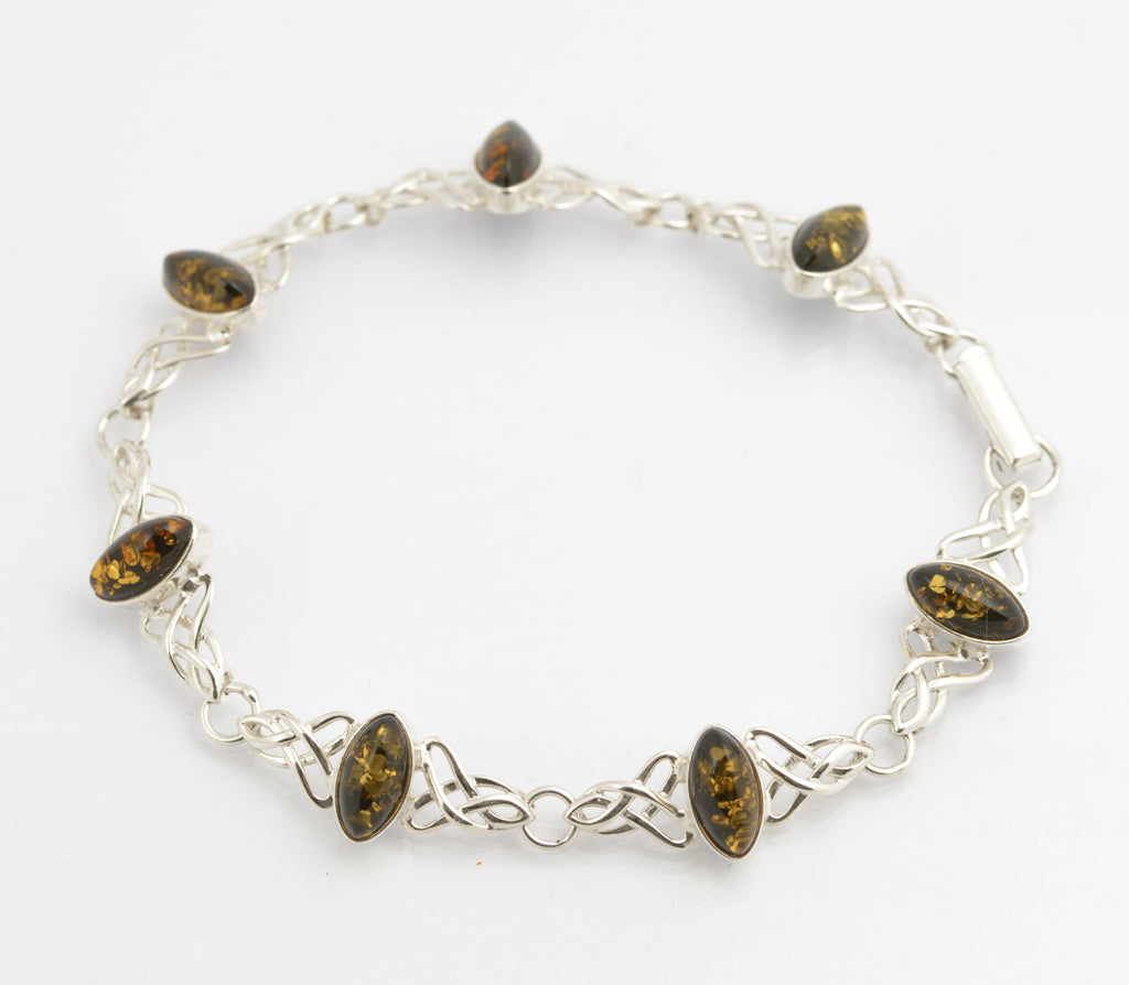 Vintage Sterling Silver & Olive Baltic Amber Cabochon Bracelet - Celtic Knot (C2699)
