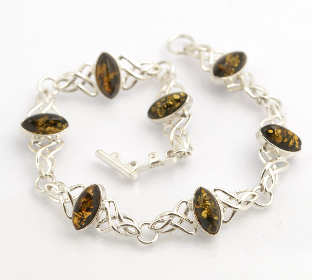 Vintage Sterling Silver & Olive Baltic Amber Cabochon Bracelet - Celtic Knot (C2699)