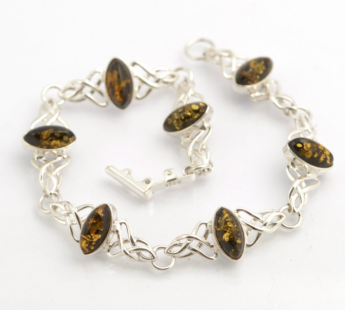 Vintage Sterling Silver & Olive Baltic Amber Cabochon Bracelet - Celtic Knot (C2699)