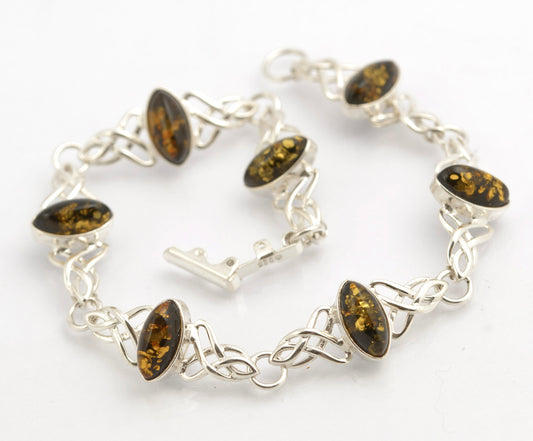 Vintage Sterling Silver & Olive Baltic Amber Cabochon Bracelet - Celtic Knot (C2699)