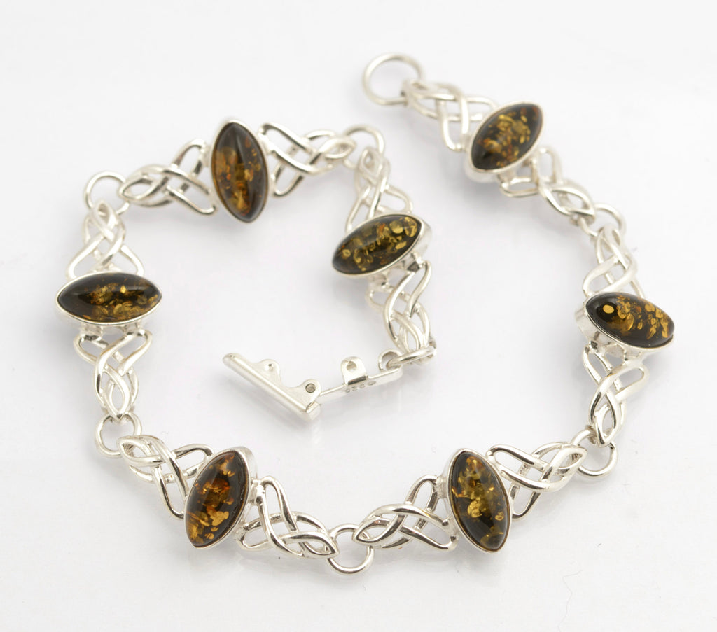 Vintage Sterling Silver & Olive Baltic Amber Cabochon Bracelet - Celtic Knot (C2699)