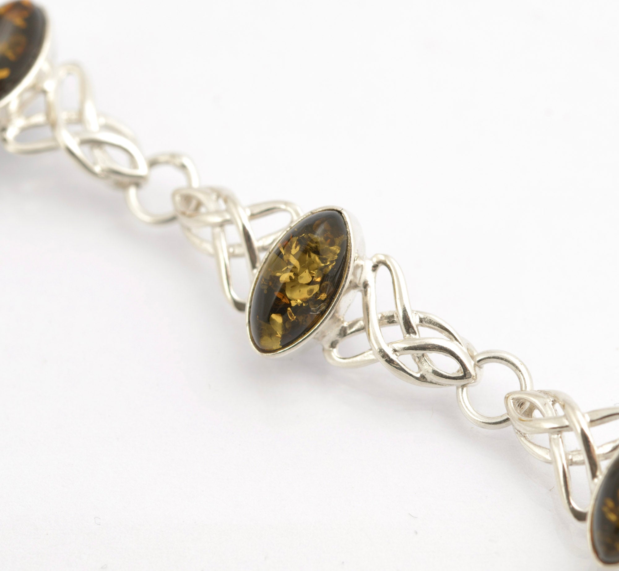 Vintage Sterling Silver & Olive Baltic Amber Cabochon Bracelet - Celtic Knot (C2699)