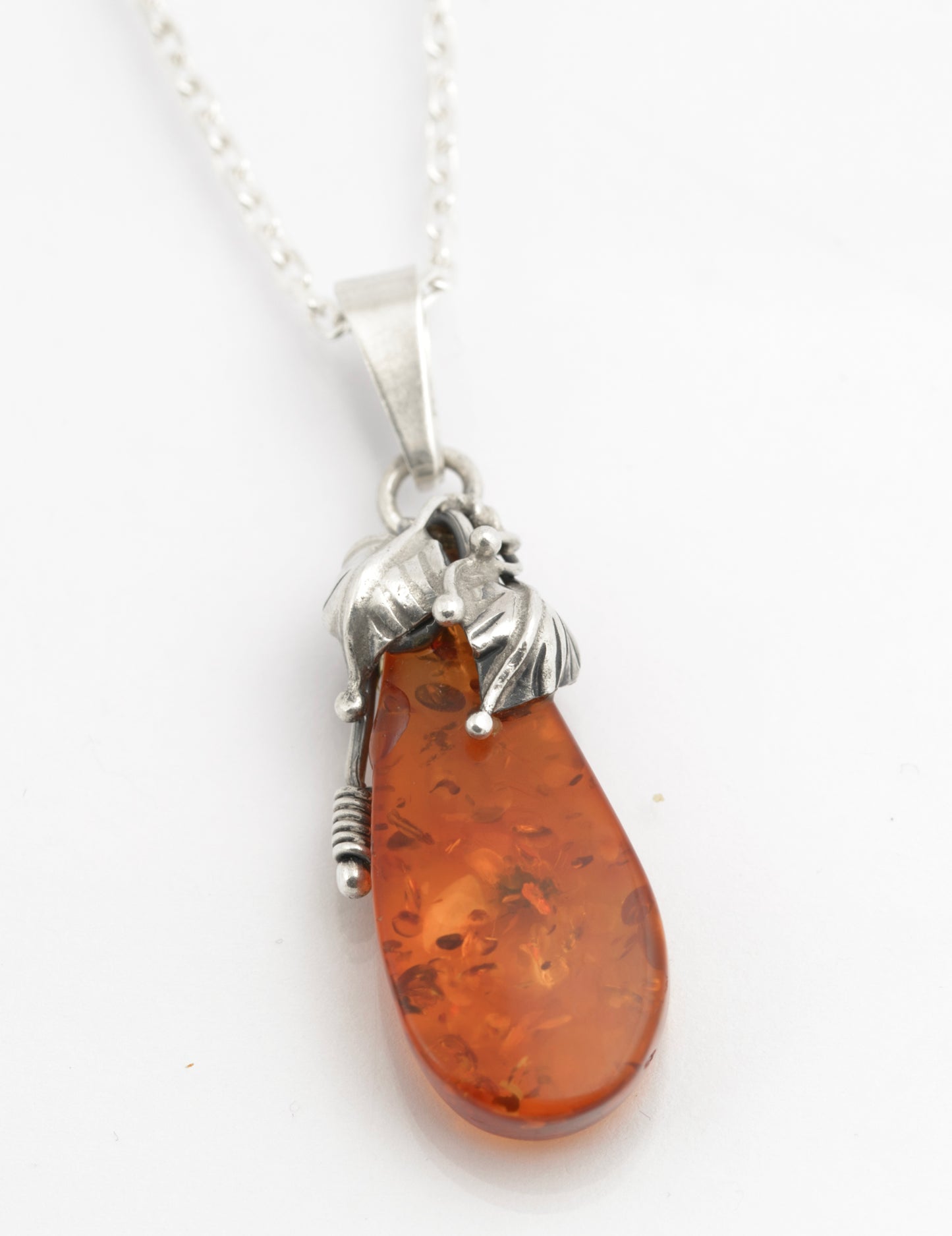 Vintage 925 Sterling Silver Amber Pendant & Chain Necklace Handmade 1980's (C2701)