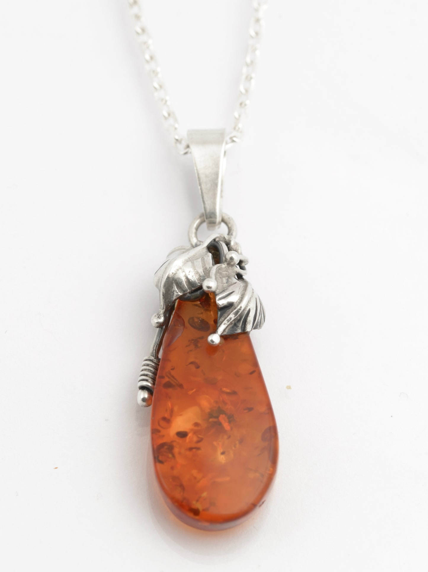 Vintage 925 Sterling Silver Amber Pendant & Chain Necklace Handmade 1980's (C2701)