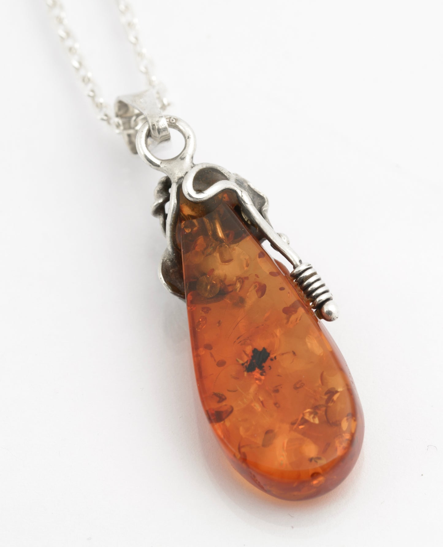 Vintage 925 Sterling Silver Amber Pendant & Chain Necklace Handmade 1980's (C2701)