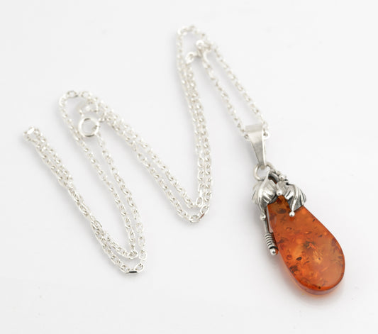 Vintage 925 Sterling Silver Amber Pendant & Chain Necklace Handmade 1980's (C2701)