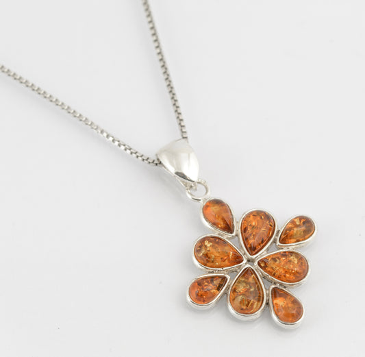 Vintage Sterling Silver & Natural Amber Pendant Necklace On Box Chain (C2702)