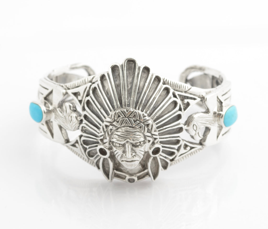 Vintage Sterling Silver & Turquoise Native American Indian Statement Bangle (C2704)