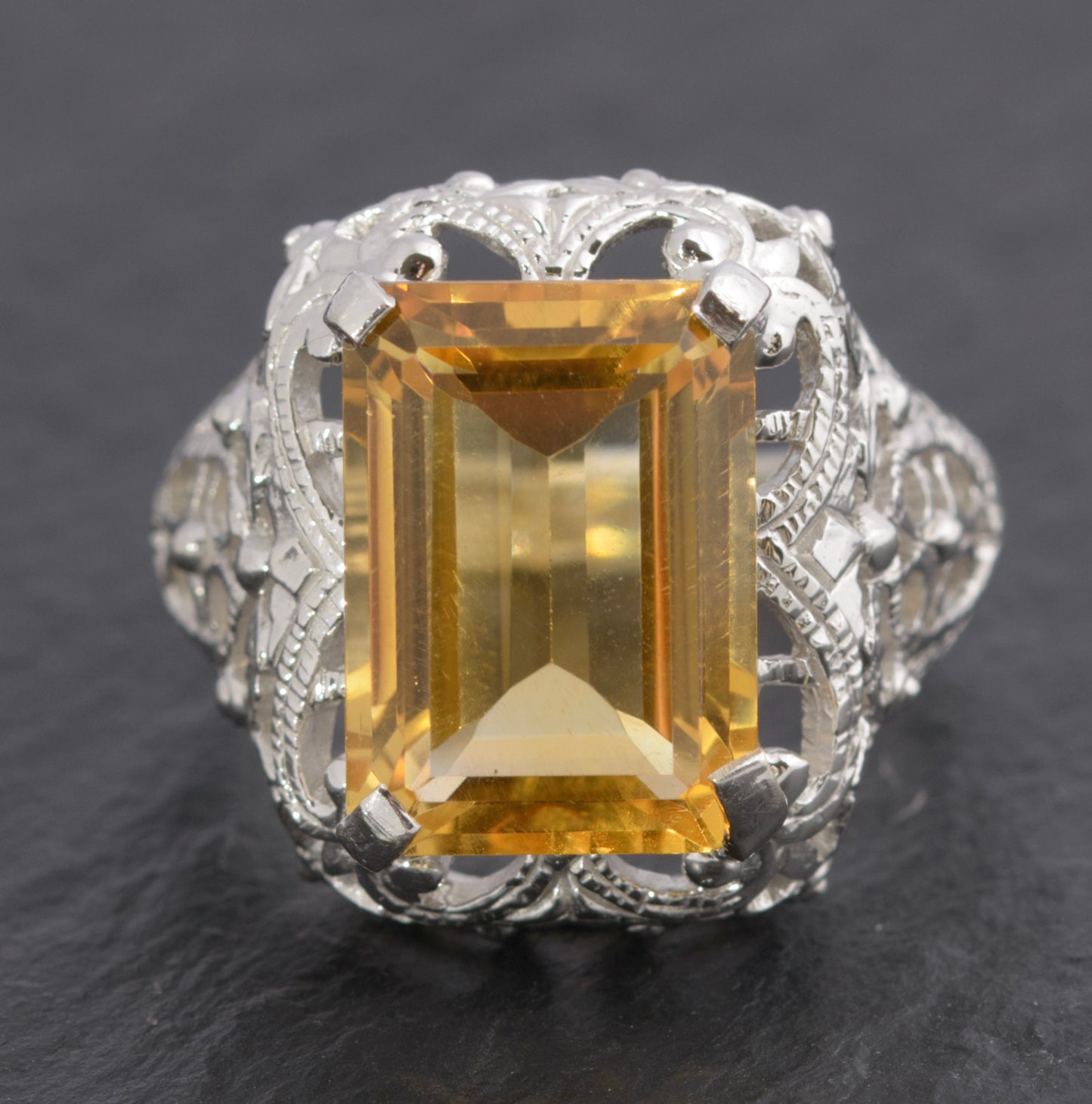 9ct White Gold & Emerald Cut Citrine Fancy Ladies Dress Ring UK Size N1/2 (C2711)