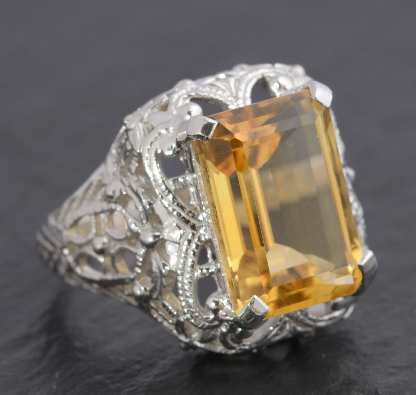 9ct White Gold & Emerald Cut Citrine Fancy Ladies Dress Ring UK Size N1/2 (C2711)