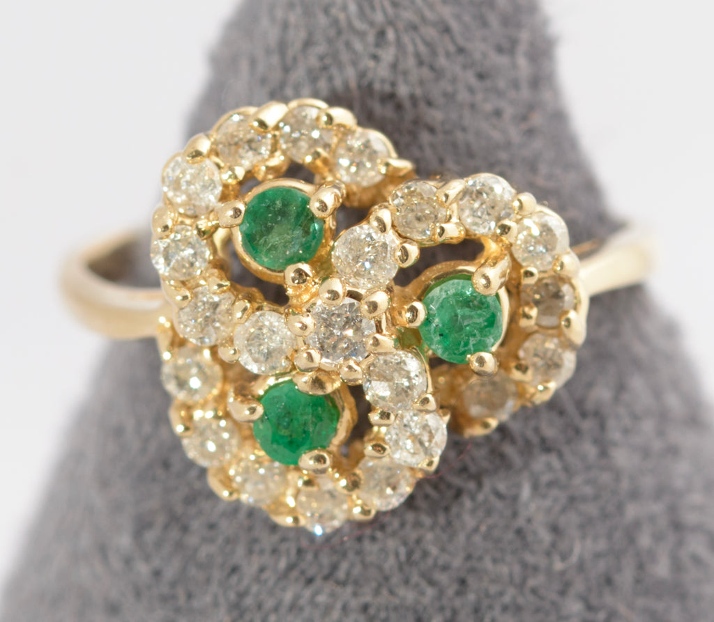 Vintage 14ct Gold Ring Natural Emerald & Diamond Multi Swirl Halo Ladies UK Size L (C2712)