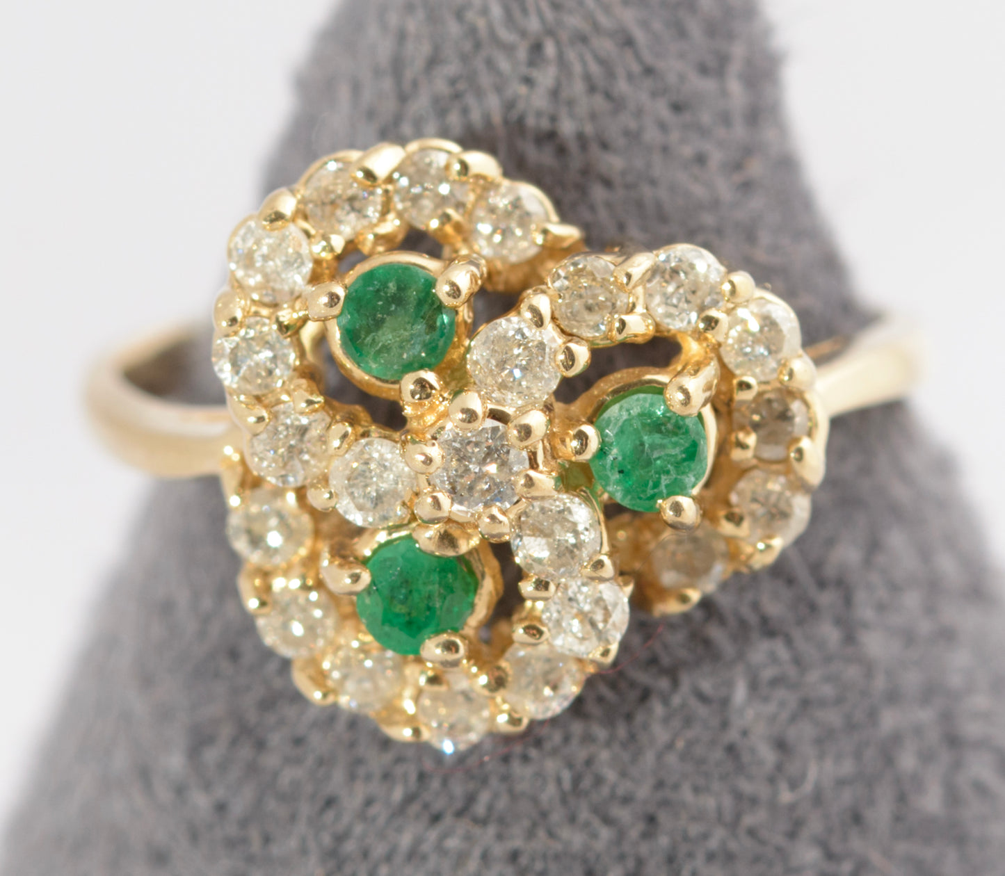 Vintage 14ct Gold Ring Natural Emerald & Diamond Multi Swirl Halo Ladies Size L (C2712)