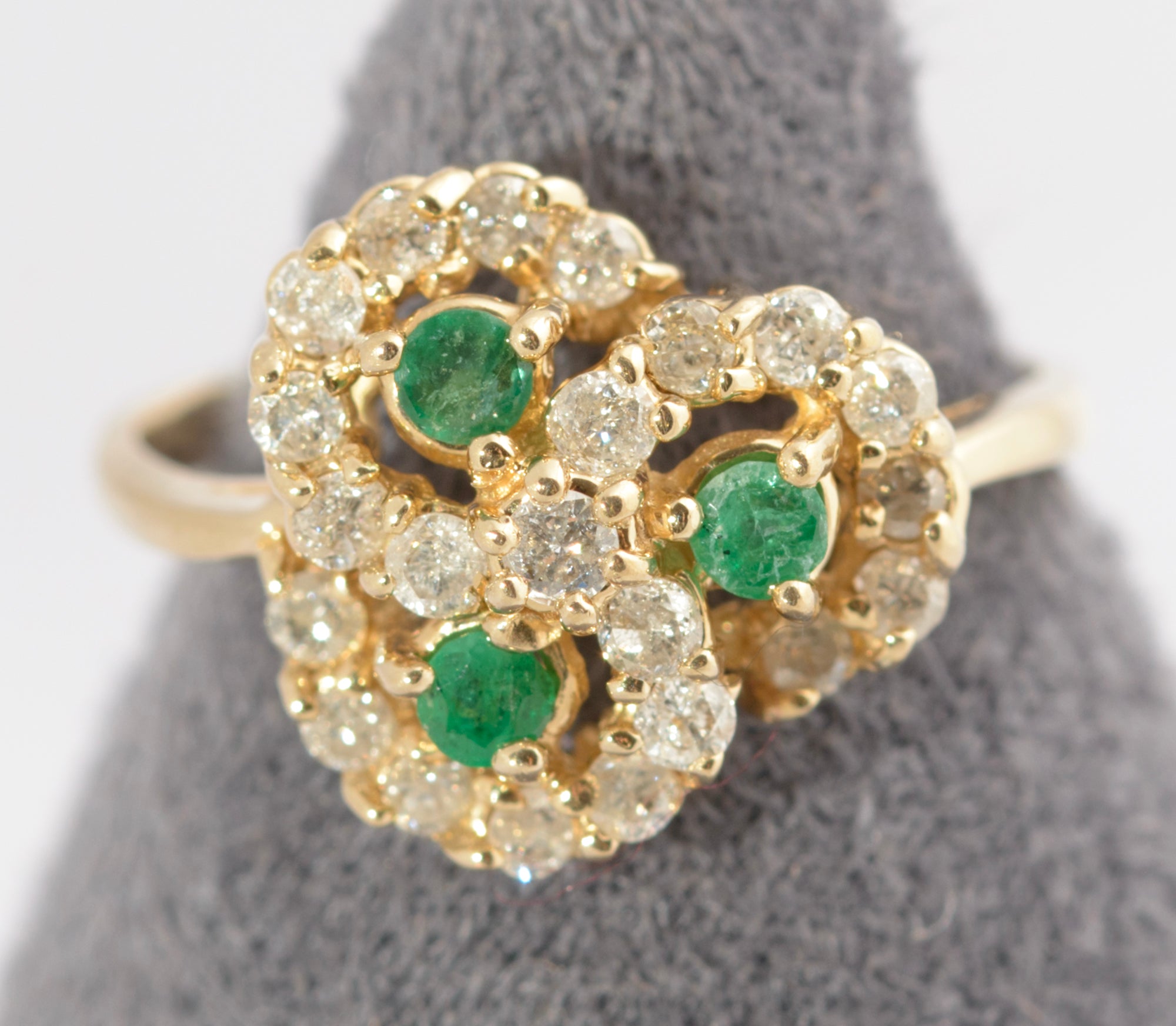 Vintage 14ct Gold Ring Natural Emerald & Diamond Multi Swirl Halo Ladies Size L (C2712)