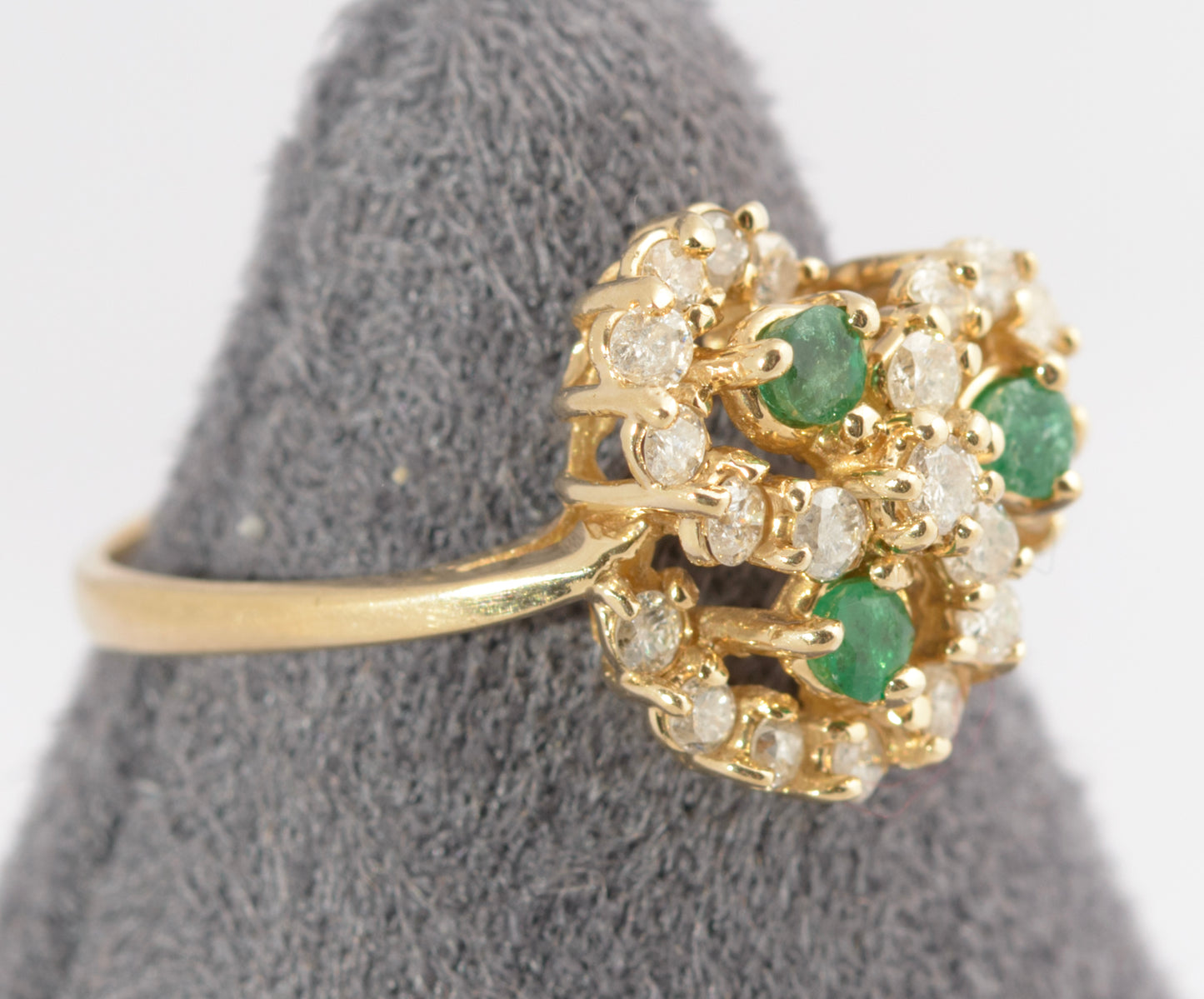 Vintage 14ct Gold Ring Natural Emerald & Diamond Multi Swirl Halo Ladies Size L (C2712)