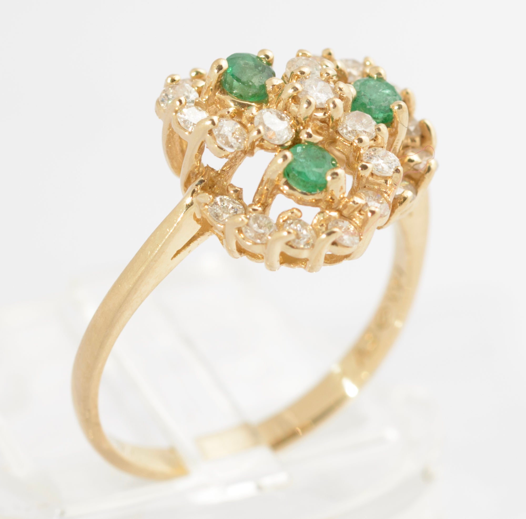 Vintage 14ct Gold Ring Natural Emerald & Diamond Multi Swirl Halo Ladies Size L (C2712)
