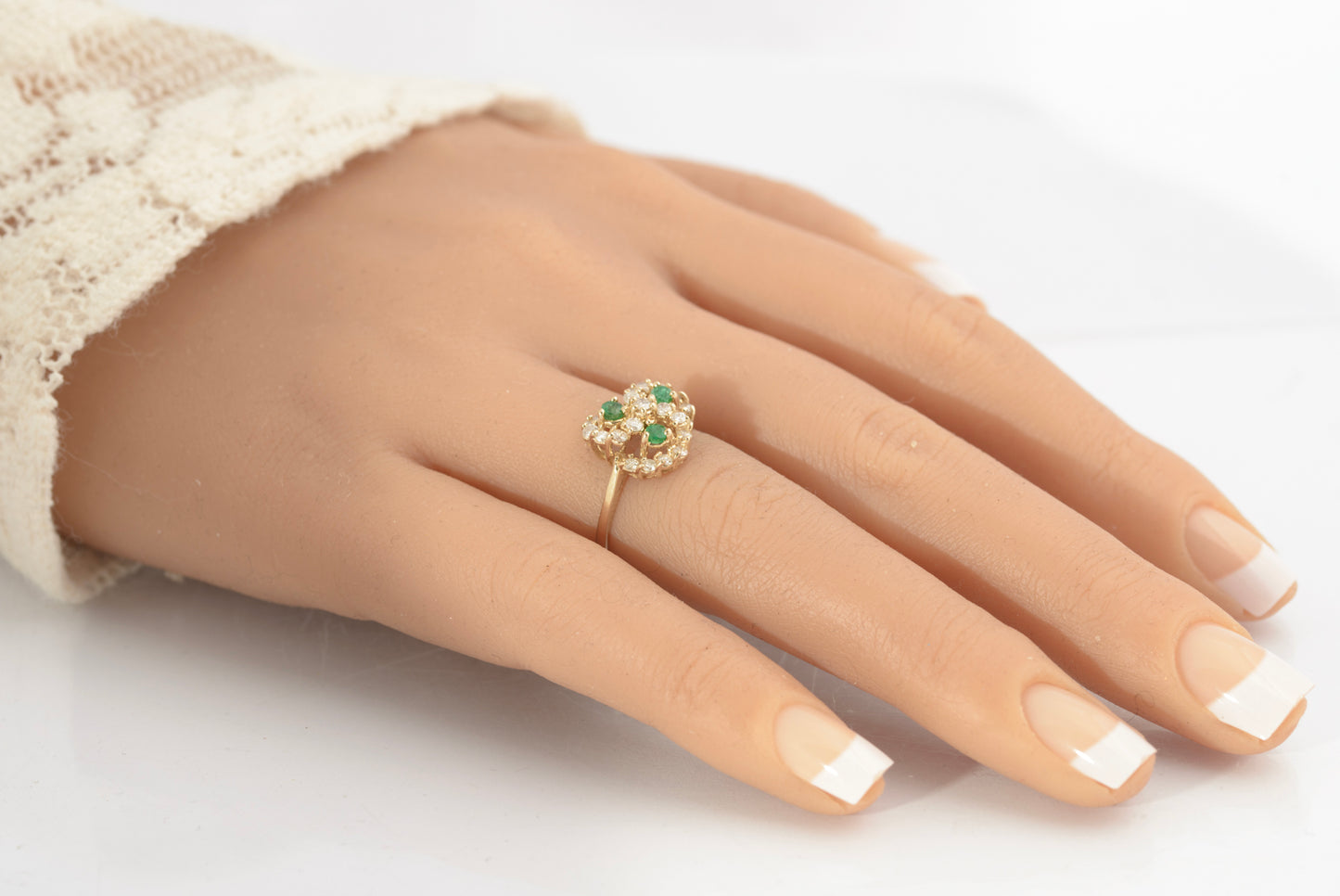 Vintage 14ct Gold Ring Natural Emerald & Diamond Multi Swirl Halo Ladies Size L (C2712)