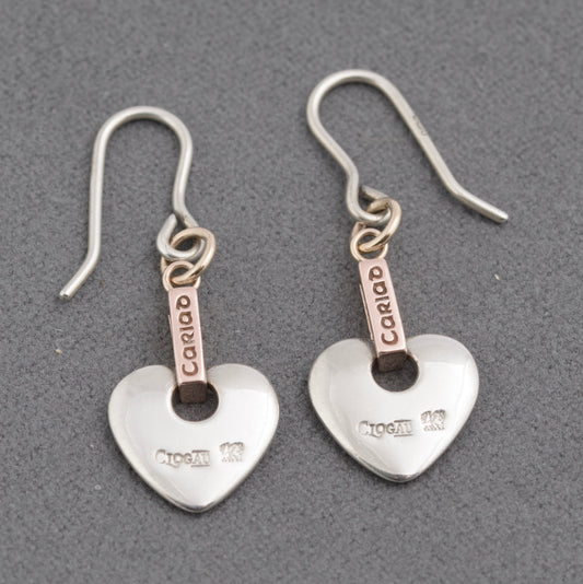 Pair Clogau Sterling Silver & Welsh Rose Gold Cariad Hear Dropper Earrings (C2722)